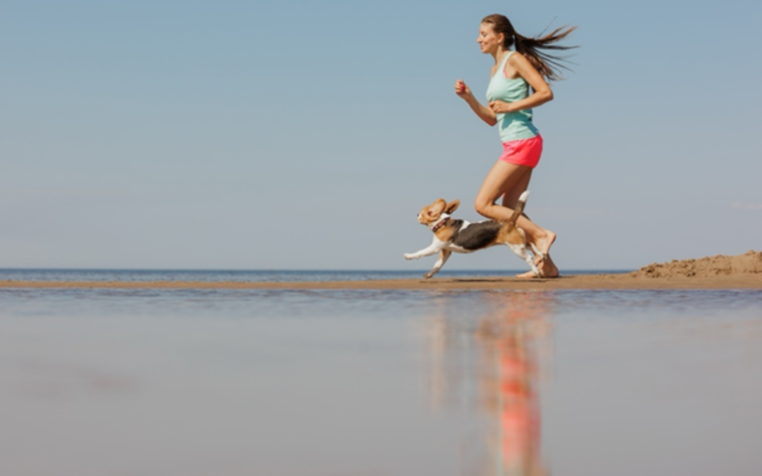 woman running with her dog on the beach